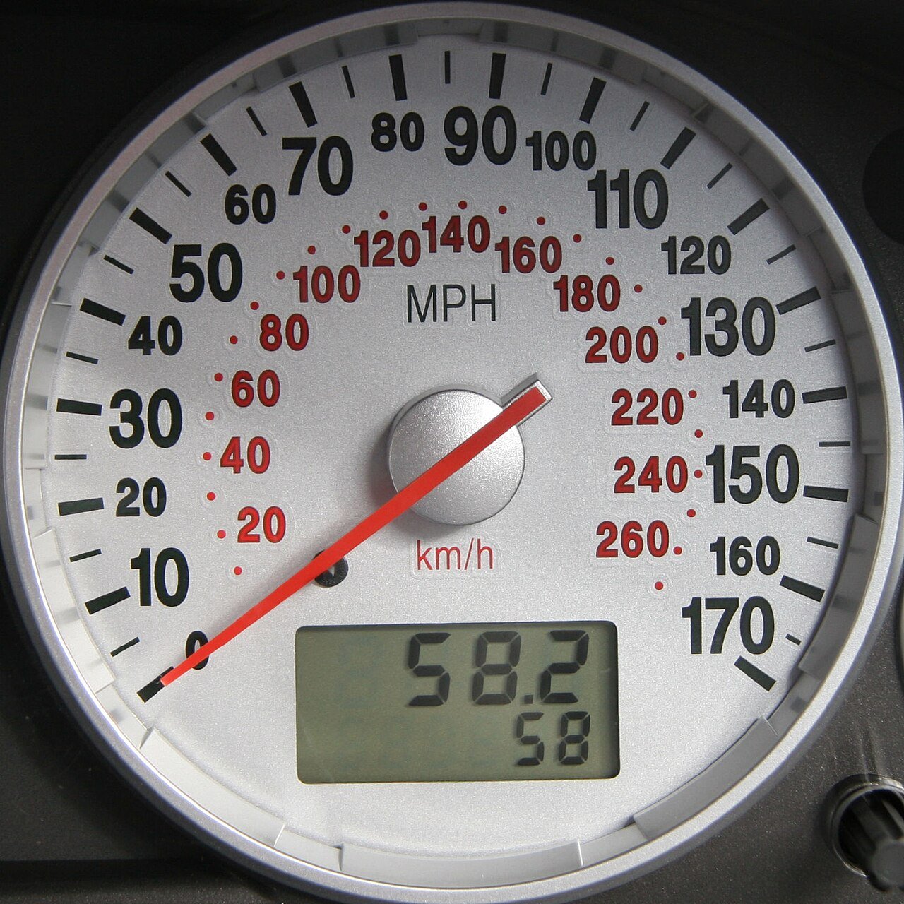 Close-up of an analog speedometer dial on a cable-driven car